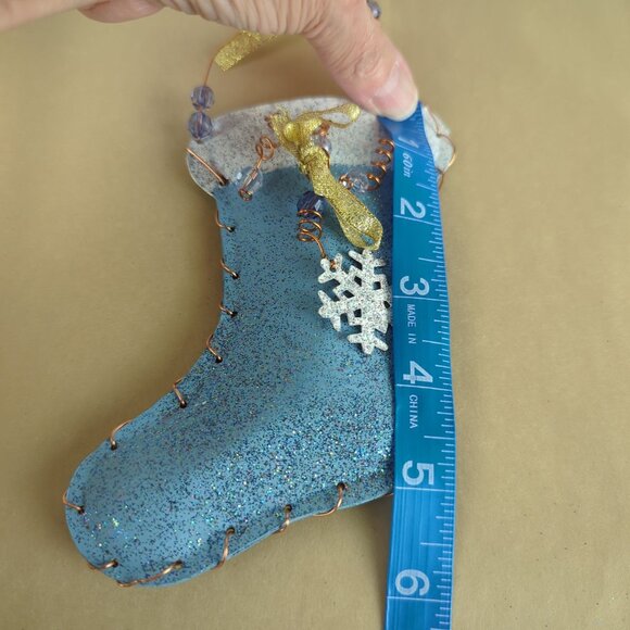 Handmade Blue White 2 Glitter Ornaments Christmas Stocking Metal 5.5" Snowflake - Picture 8 of 11